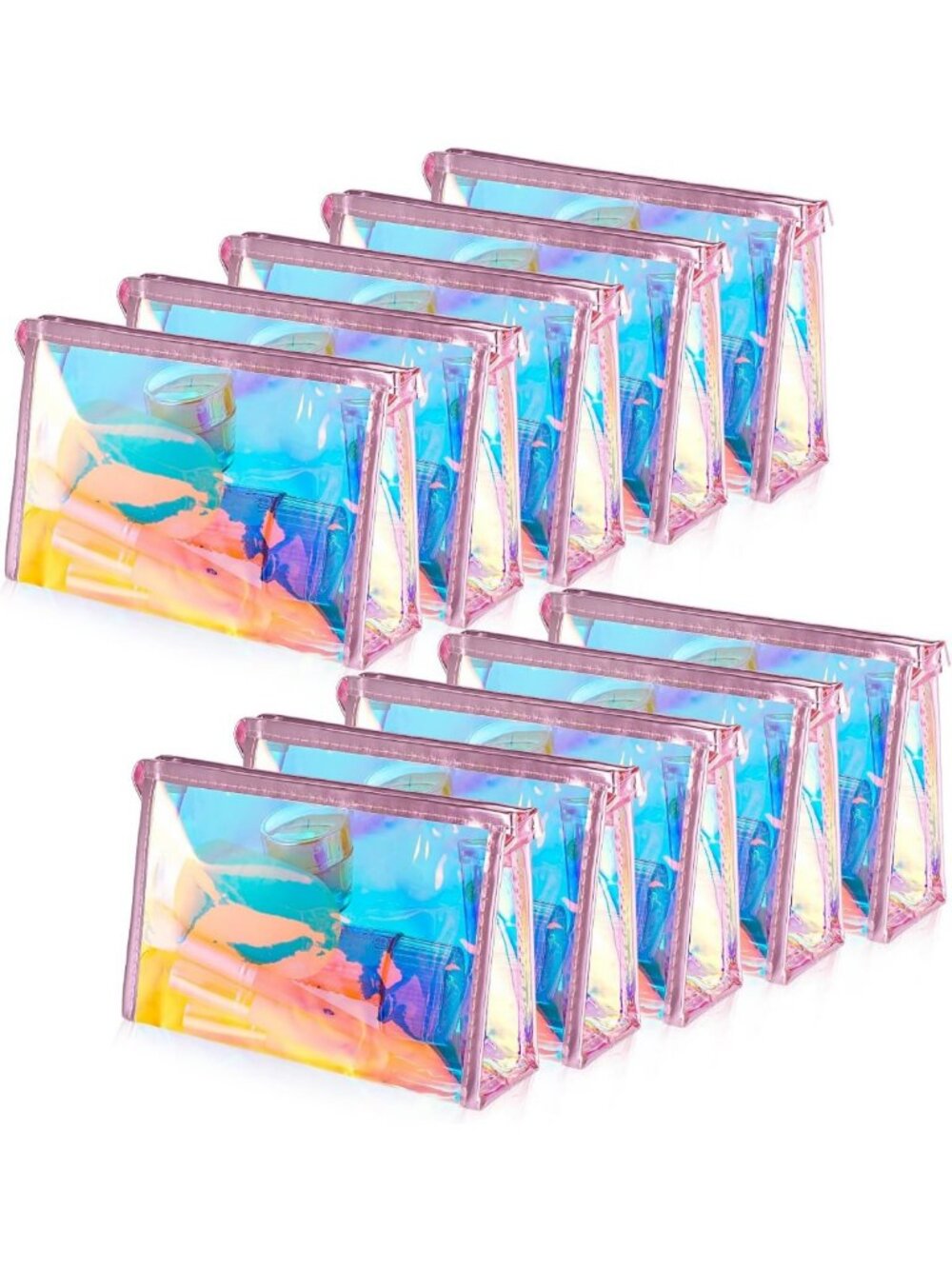 10 Pcs Holographic Clear Makeup Bags - Small Pink Zipper Toiletry Pouches Set